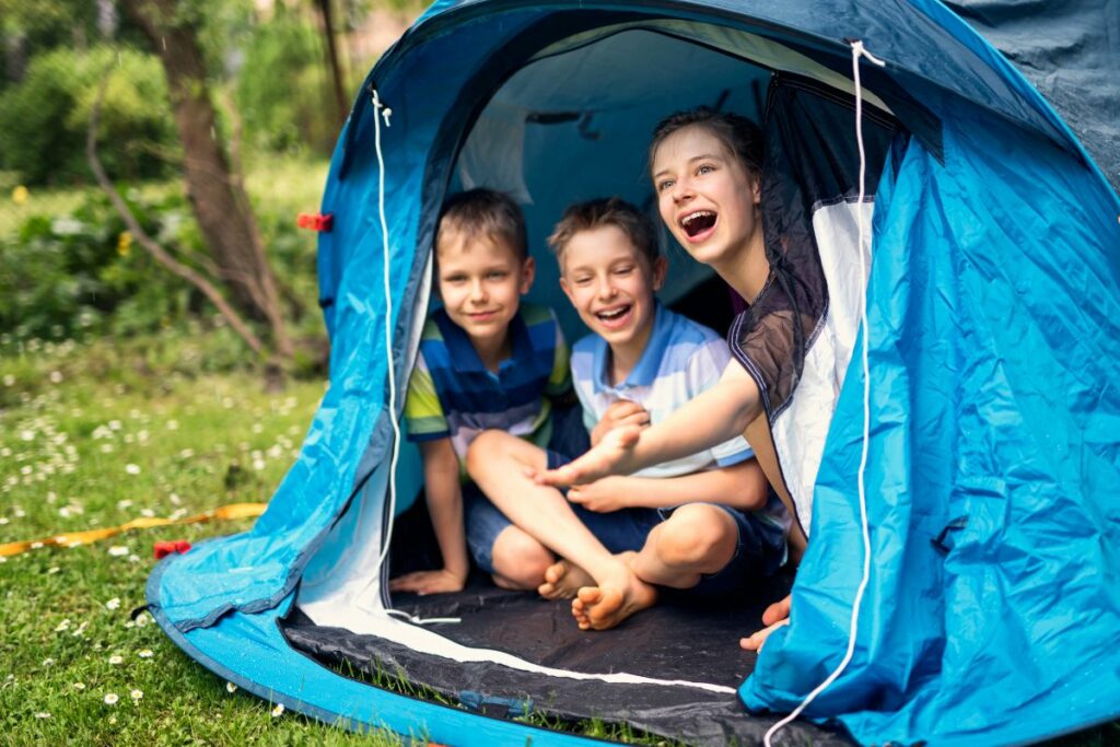 family camping in the rain